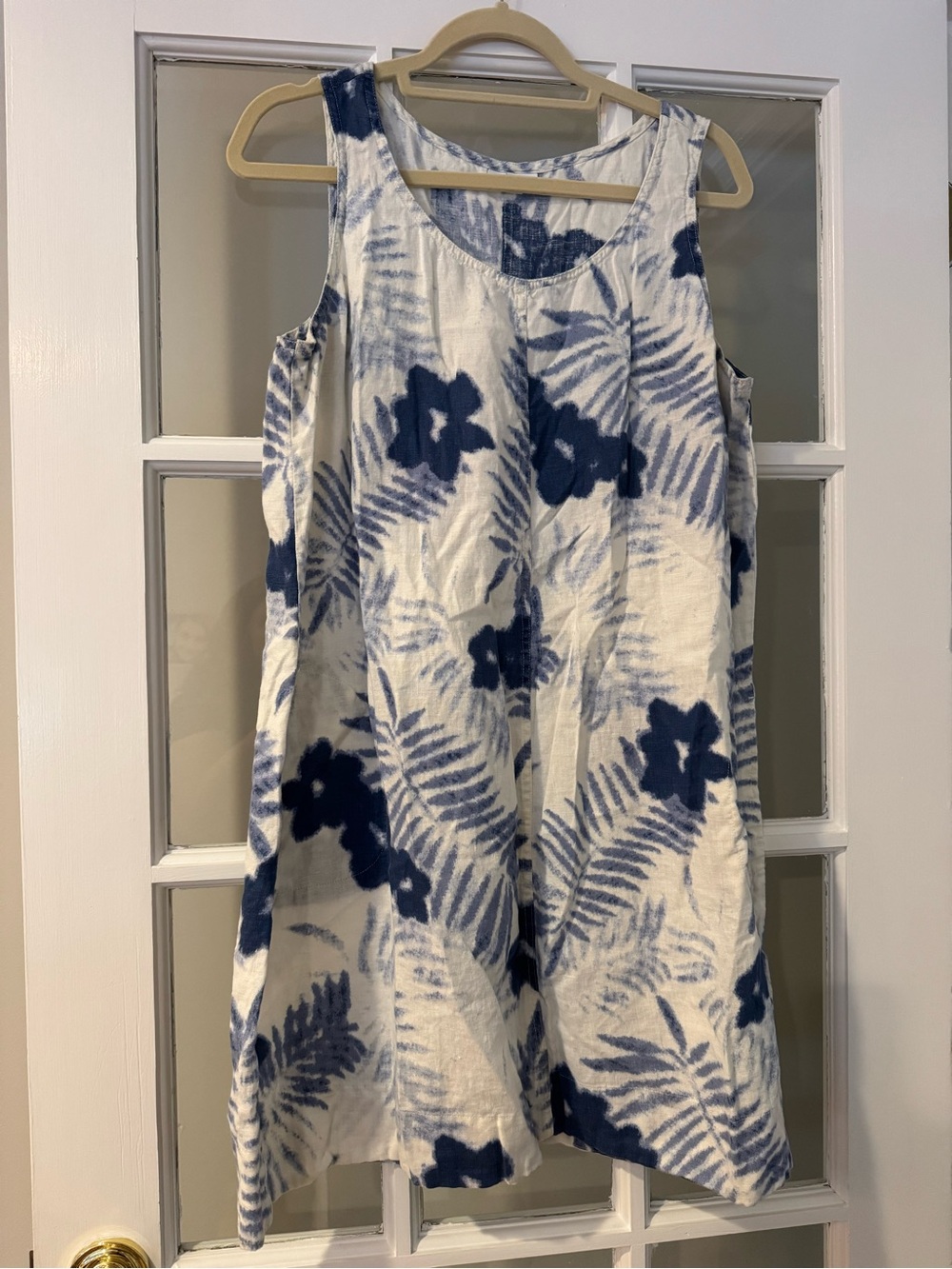 J.Jill Love Linen White and Blue Tropical Floral Print Sleeveless Dress